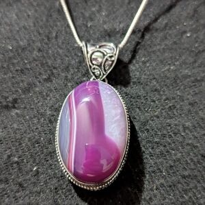 Silver Plated Dyed Purple Banded Agate Gemstone Pendant Statement Necklace